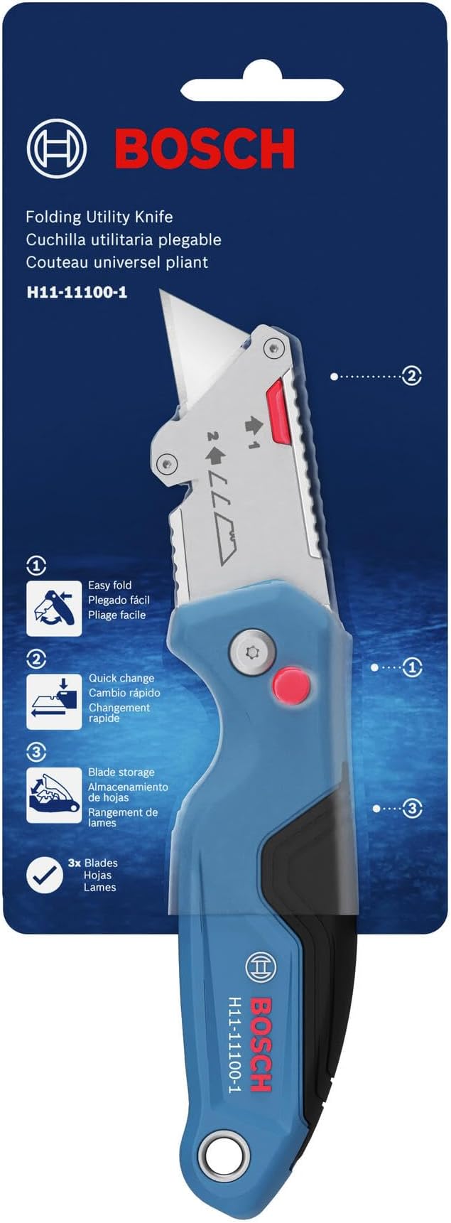 BOSCH H11-11100-1 Folding Utility Knife | Compact, Portable, and Durable with Integrated Blade Storage, Thumb Rest, and Includes Belt Clip, Strap Cutter, 3 Blades