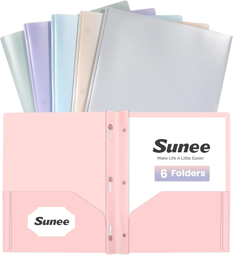 SUNEE 3-Prong Plastic Folders with Pockets (6 Pack, Pastel Colors) 2 Pocket Folders with Fasteners, Tear-Resistant Plastic Pockets, and Fit Letter Size Paper, Use for School Office Home Business