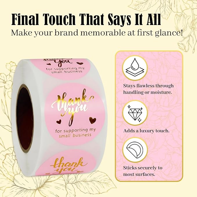 Pink Thank You Stickers Gold Foil – 500 Waterproof 1.5” Round Labels for Small Business Packaging, Custom Thank You Labels for Envelopes, Gift Bags, Boxes, Cards & Orders