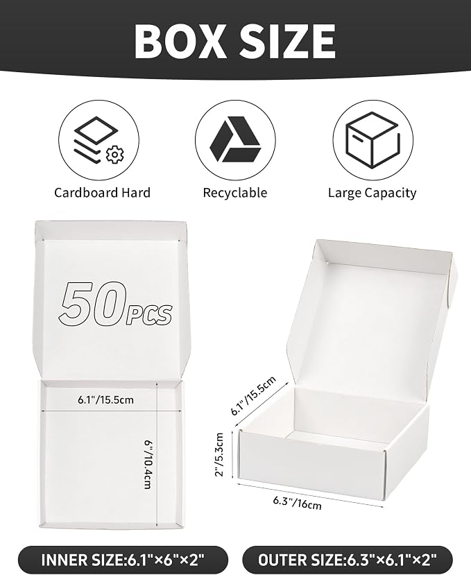 6x6x2 Inch Shipping Boxes, Set of 50, White Corrugated Cardboard Boxes, Mailer Packaging Boxes for Small Business Gift Literature Shipping