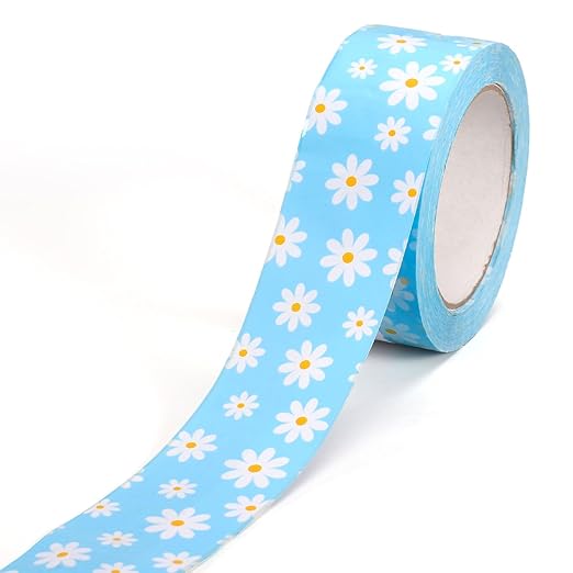 Whaline 109 Yard Groovy Daisy Packing Tape Gift Wrapping Tape Blue White Boho Spring Flower Pattern Tapes for Small Business DIY Crafts Carton Decor