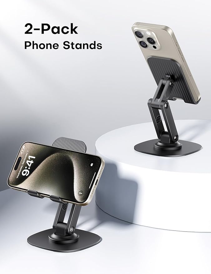 OMOTON Cell Phone Stand for Desk, 2 Pack Adjustable Foldable Phone Holder, 360 Swivel Mobile Stand Fit for iPhone 17 16 15 14 13 Pro Max and All Smart Phones, Black & Black