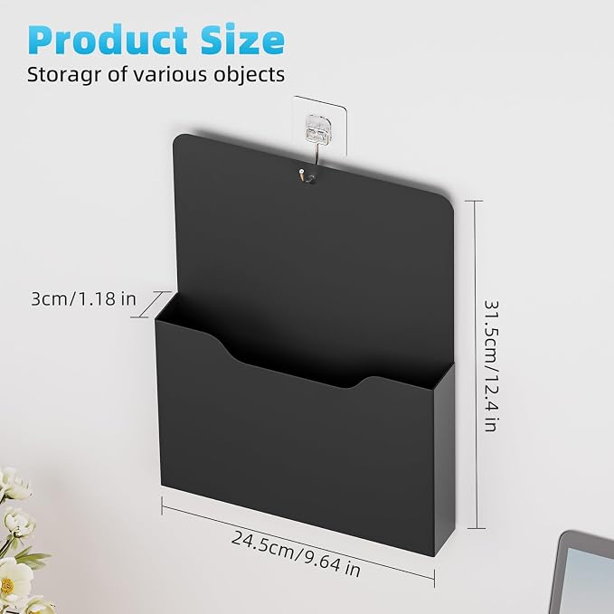 Marbrasse Magnetic File Holder - Magnetic Paper Holder, Pocket Organizer Office Supplies Storage Mail Organizer for Notebooks,Planners,Letter (Black)
