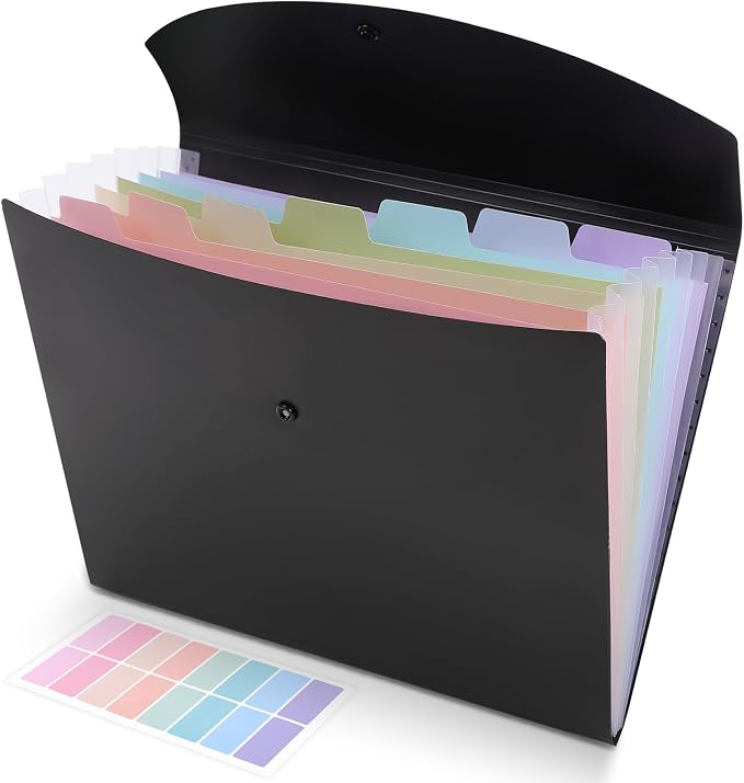 SKYDUE Cute Accordion File Organizer, Expanding File Folder with 8 Pockets, Document Organizer with Colorful Tabs for School, Office, Hospital Tax, Receipts Storage Letter/A4 Size Black