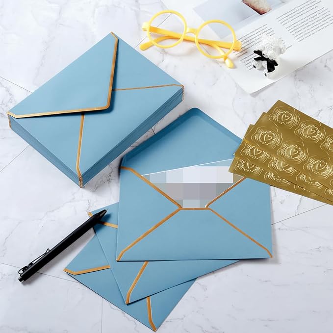 50 Pieces A7 Envelopes with Gold Border, 5.24 x 7.21 Inches Envelopes with Gold Stickers for Greeting Cards and Invitation (Dusty-Blue, A7-5x7)