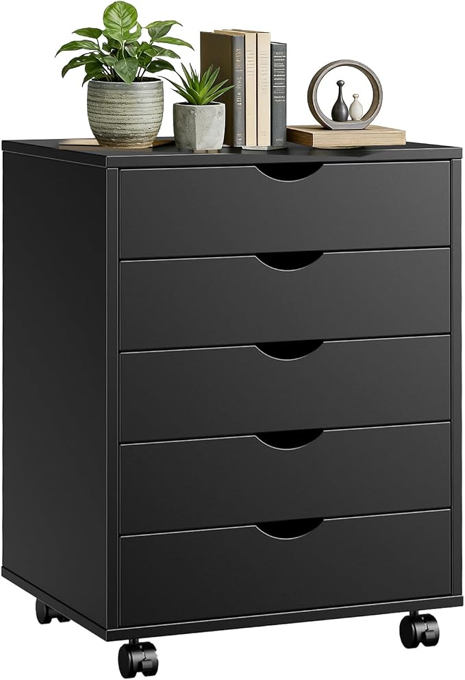 5 Drawers Mobile File Cabinet, Printer Stand Storage Cabinet | Under Desk Storage with Wheels, Vertical Filing Chest Rolling Wood Small Organizer for Home Office, Living Room, Dark Black