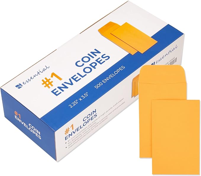 ESSENTIAL #1 500 Piece Coin Envelopes 2.25" x 3.5" with Gummed Flap, Small Parts Envelope for Home and Office Use (Yellow -500)