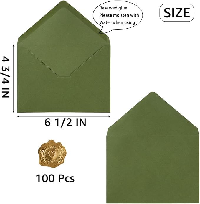 100 Pieces A6 Envelopes Colorful 4x6 Envelopes for Greeting Cards, Birthday, Weddings, Baby Shower Invitation Cards (Olive Green, 6 1/2 x 4 3/4 Inches)