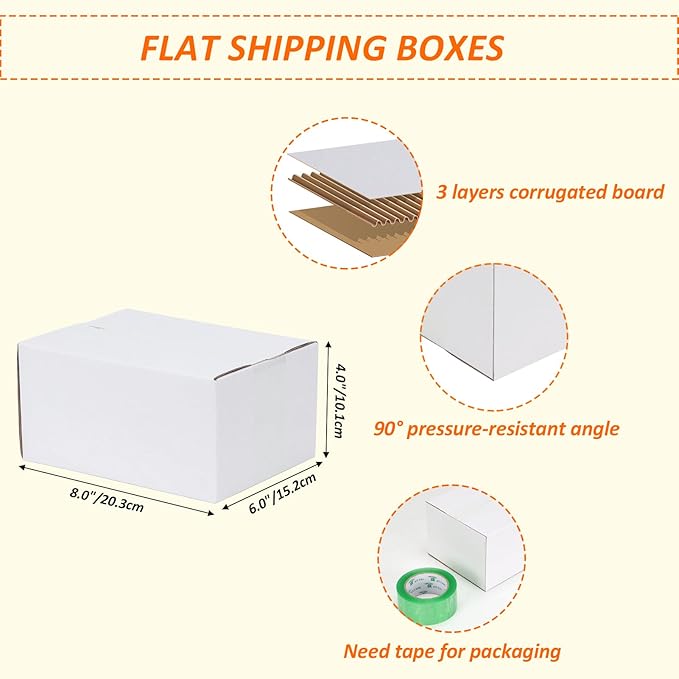 HORLIMER 8x6x4 Shipping Boxes Set of 40, White Corrugated Cardboard Mailer Box for Packing Small Business