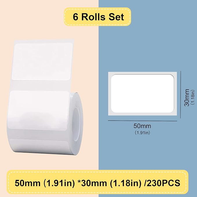 Thermal Labels Maker Tapes for B21/B3S/B1 Printer,1.91" X 1.18" (50 X 30mm) | 230 Labels/Roll,Multi-Purpose Adhesive Labels Sticker Paper for Home Office Small Business Address School,6 Rolls White