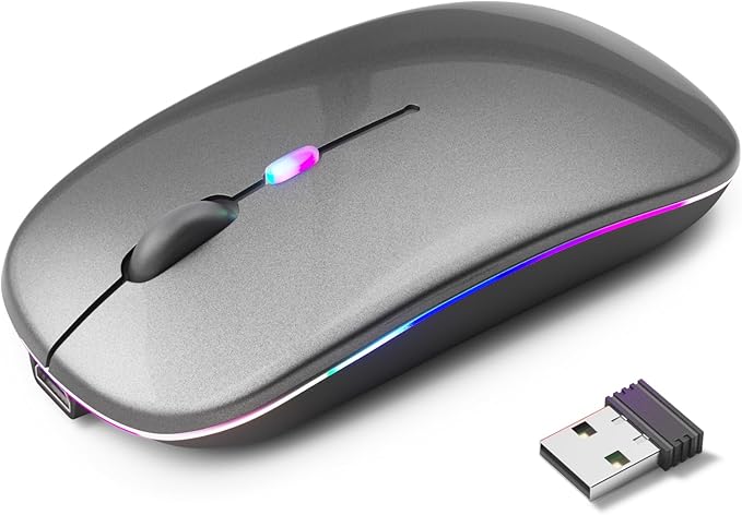 Wireless Bluetooth Mouse – Rechargeable, Silent, Dual Mode (Bluetooth 5.2 & USB) with LED Lights – Portable for Laptop, Desktop, & Tablet(Grey)