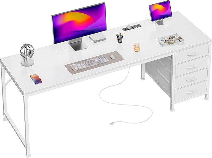 63 Inch Computer Office Desk with Power Outelts and USB-C Port, Reversible Gaming Desk with 4 Fabric Drawers, Work Study Desk Work from Home, White