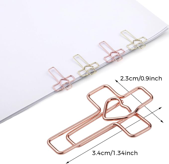 BESARME 100 Pack Heart Cross Paper Clips, Teacher Appreciation Gifts | Christian Gifts for Women, Gold & Rose Gold, Bible Bookmark Accessories, Decorative Stationery, Office School Supplies