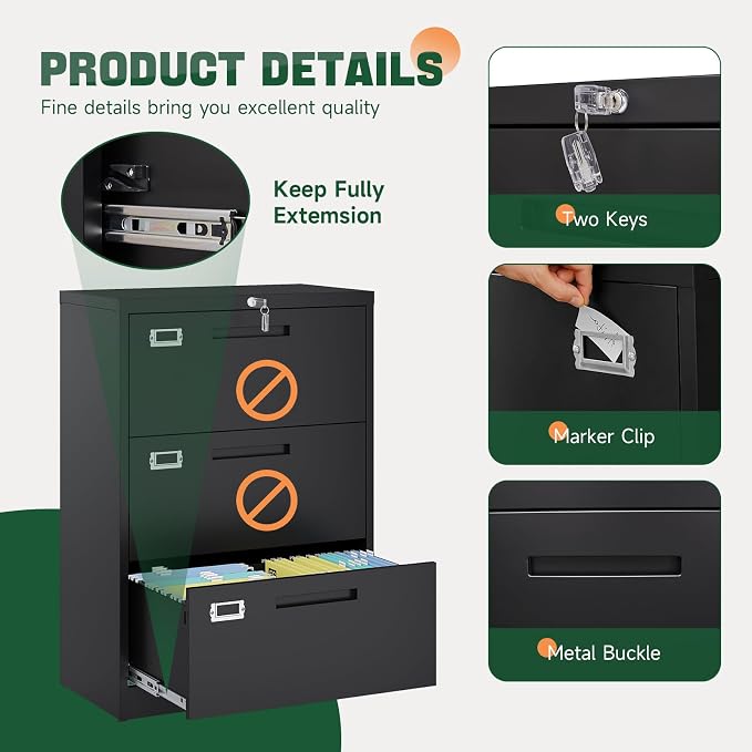 3 Drawer File Cabinets with Lock,Metal Lateral Filing Storage Cabinet Printer Stand,Black Steel Home Office Cabinet for Hanging Files Letter/Legal/A4 Size (Black, H39.84×W28.35×D15.74)