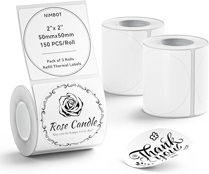 NIIMBOT 3 Rolls Set Label Tape for B1/B21/B3S Label Printer, 1.97" X 1.97" (50x50mm) Round Waterproof Thermal Label Tape for Logo/Gift/Barcode/Kitchen Jar (White)