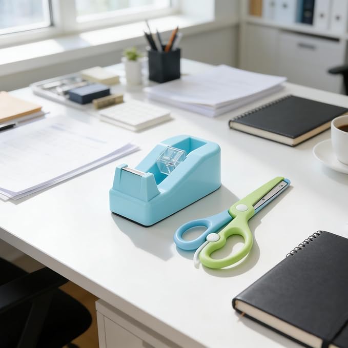 Desktop Tape Dispenser Kits with Weighted Nonskid Base Tape Dispenser- Includes 9 Rolls of Transparent Tape(0.71 Inch x 500 inches Each) & Blue Scissors, 2 Pcs Tweezers (Lake Blue)
