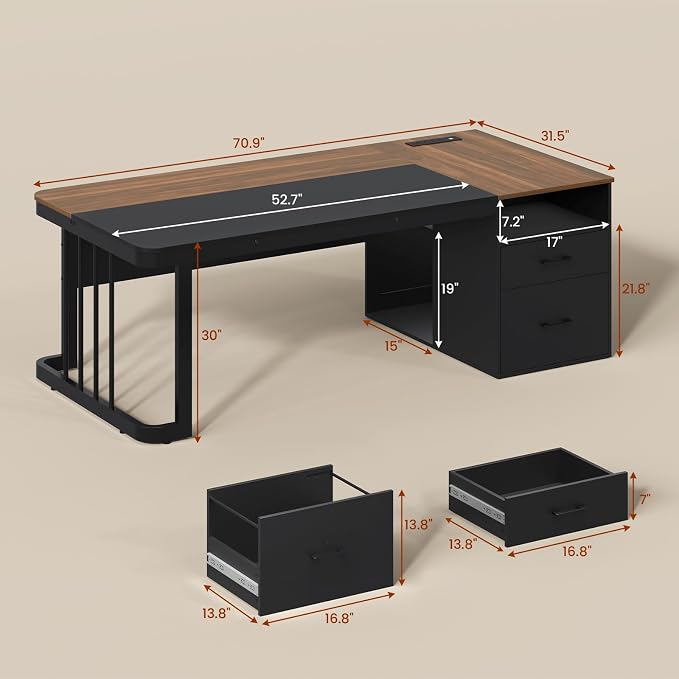 70.9" Executive Desk with Power Outlet, Large Office Desk with Drawers & Lateral File Cabinet, Long Computer Desk with Adjustable Storage Shelves, Modern Workstation Business Furniture (Walnut)