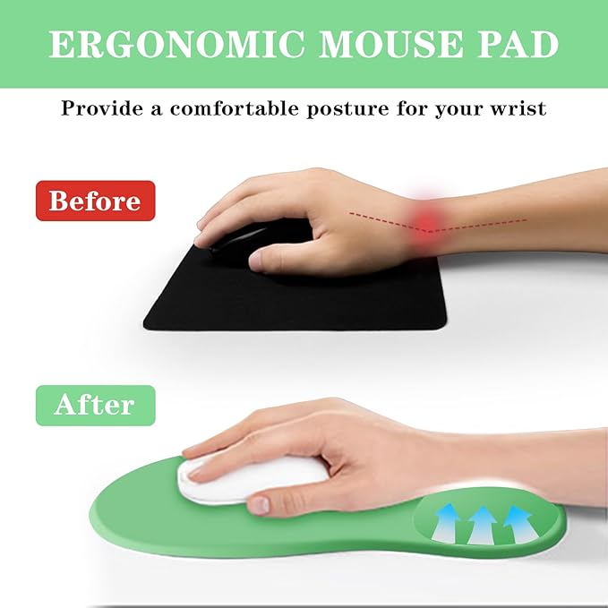 Mouse Pad with Wrist Rest,Ergonomic Mouse Pad with Comfortable Gel Wrist Rest Support and Non-Slip PU Base for Easy Typing Pain Relief, Durable and Washable (Green)