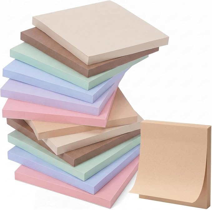 Thenshop 12 Pads Morandi Pastel Sticky Notes 3x3 50 Sheets | Self Stick Notes Pads Memo Earth Tone Office Supplies Vintage Aesthetic School Accessories Easy to Peel Repositionable