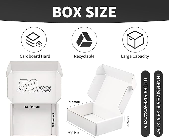 White Shipping Boxes 6x4x1.6 in - Set of 50: Small Corrugated Cardboard Boxes - Shipping Boxes for Small Business