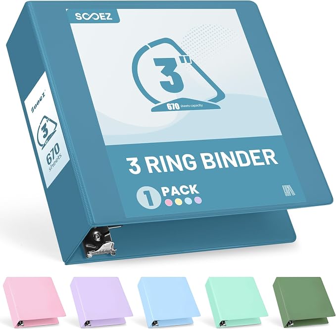 Sooez 3 Ring Binder 3 Inch, Large Binder with Pocket, Grey Blue, 8.5"x11" | Holds 670-Sheet of Letter Paper, Extra Durable, PVC-Free, Clear View Cover, Interior Pockets, Eco-Friendly, School, Office