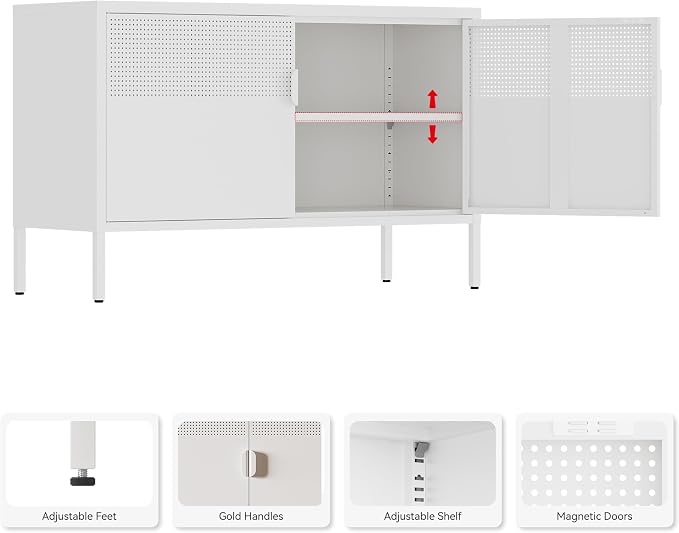 Metal Storage Cabinet,2 Door TV Stand, Metal Mesh Accent Cabinet | Magnetic Door Closure,Low Storage Cabinets with Doors and Shelf for Home,Office,Living Room