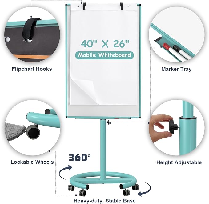 Mobile Whiteboard, 40x26 Inches White Board Dry Erase Board on Wheels | Height Adjustable, Magnetic Surface, Dry Erase, With Stand, Ideal for Classroom, Office, School, Home, Homeschooling, Teacher