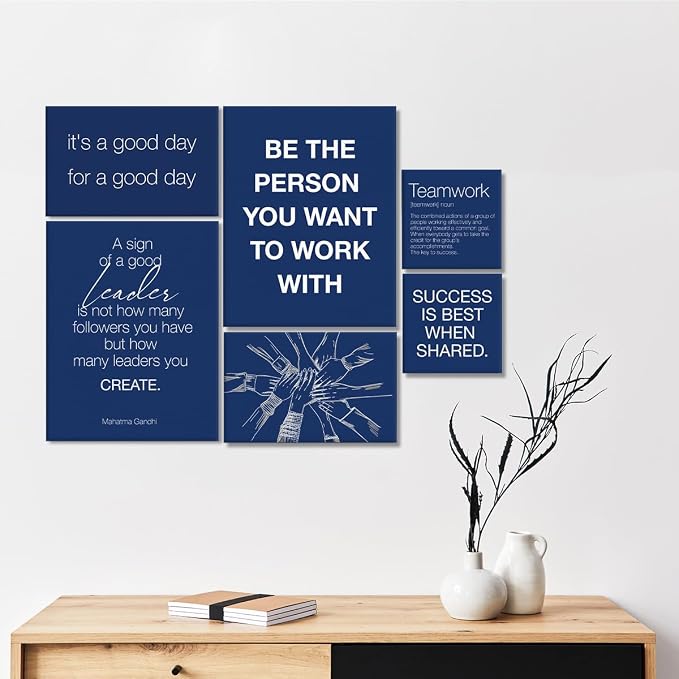 YEOION Navy Blue Motivational Teamwork Office Wall Decor,Inspirational Team Work Wall Art Canvas Frame Artwork for Office Workplace Breakroom Wall Decor Set of 6