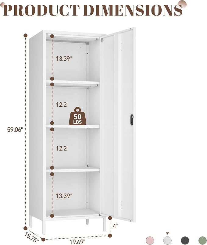 Metal Locker Cabinet, White Kitchen Pantry Storage Cabinet 59" Garage Steel Tool File Cabinets with Doors and Adjustable Shelves for Office,Garage