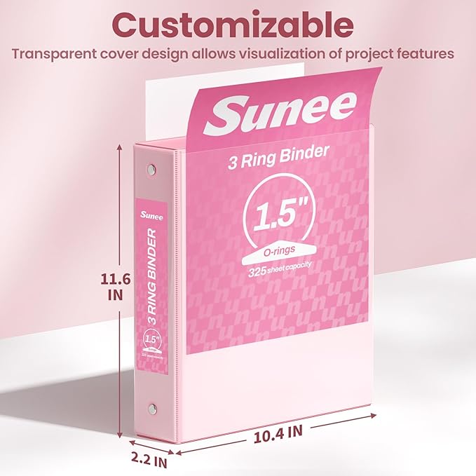 SUNEE 3 Ring Binder 1.5 Inch 2 Pack, Clear View Binder Three Ring PVC-Free (Fit 8.5x11 Inches) for School or Office Supplies, Pink & Purple
