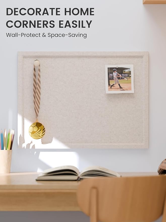 Fluxynara 23.6" x 17.1" Felt Frame Bulletin Board, Oatmeal | Cork Board Alternative with 12 Removable Adhesive Tabs, Foldable Pin Board for Wall, Home, Office, Classroom & Dorm