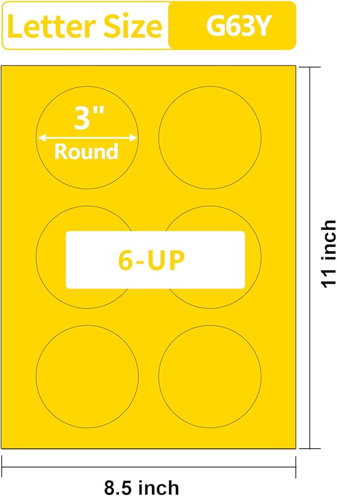 3 Inch Yellow Round Labels Printable,3" Matte Yellow Color Coding Labels for Laser/Inkjet Printers,3 Colorful Circle Stickers,180 Circle Labels in Total,Letter Size