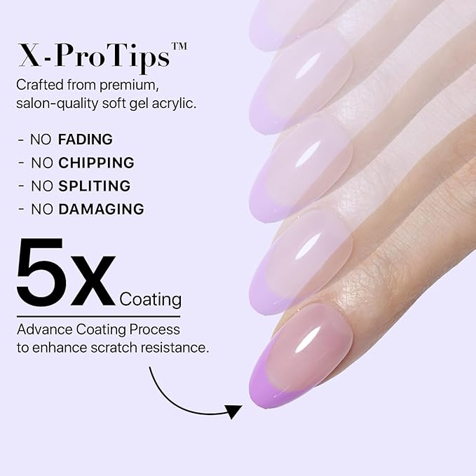 SXC Cosmetics French Tip Press On Nails 150 Pieces in 15 Sizes Ultra Fit with Pre-applied Tip Primer and Base Coat, No Need to File Fake Nails for Nail Art DIY X-Pro Tips (5PURPLE114-S Almond)