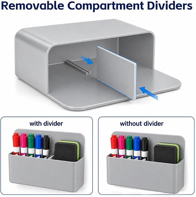 Magnetic Pencil Pen Holder, 2PCS Dry Erase Marker Holder for Whiteboard, Grey Magnet Storage Pencil Cup Case Box Fridge Organizers Locker Accessories for Office School Classroom Teacher Must Haves