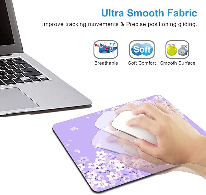 Cute Purple Mouse Pad, Floral Flowers Mouse Pad, Sakura Cherry Blossom Mousepad, Japanese Aesthetic Desk Decor, Anti Slip Rubber Base Mice pad for Computer Office Girl, 9.5 x 7.9 Inch