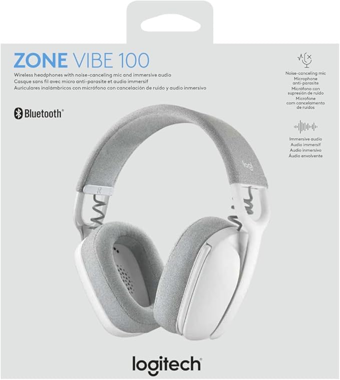 Logitech Zone Vibe 100 Lightweight Wireless Over Ear Headphones with Noise Canceling Microphone, Advanced Multipoint Bluetooth Headset, Works with Teams, Google Meet, Zoom, Mac/PC - Off White
