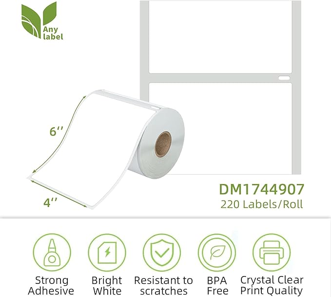 Compatible 4" x 6" Direct Thermal Label Replacement for DYMO 1744907 Postage Address Shipping Compatible with Dymo 4XL, Rollo & Zebra Printer Permanent Adhesive (6 Rolls, 220 Labels/Roll)