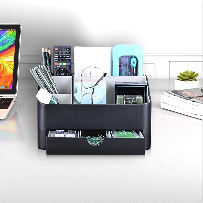 Desk Organizer with Drawer, Multifunction Pencil Holder for Desk, Desk Organizer and Accessories 5 Compartments for Home Office Supplies (Black)
