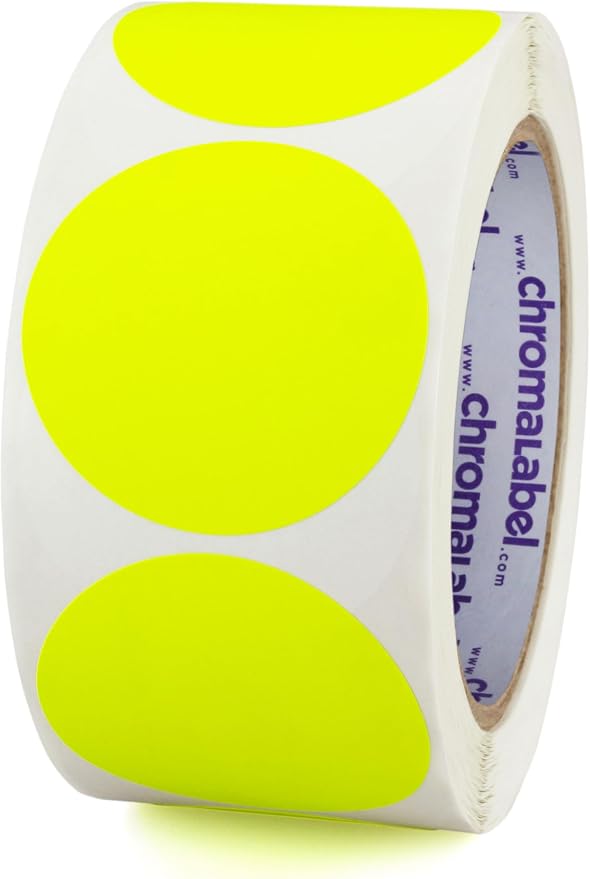 Fluorescent Yellow Dot Stickers, 2 Inch, 500/Roll | Writable Matte Circle Labels for Warehouse Inventory and Home Organization. Made in USA