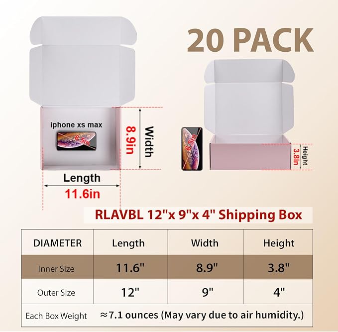 RLAVBL 12x9x4 Shipping Boxes Set of 20, Pink Corrugated Cardboard Box for Packing, Mailing, Business, Gift