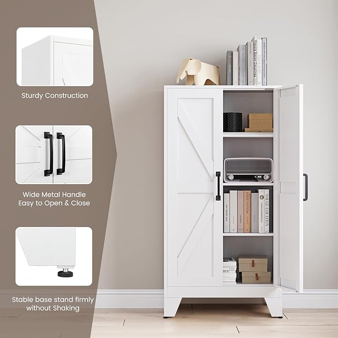 Yizosh Metal Storage Cabinet with 2 Doors and 3 Adjustable Shelves - 47" White Kitchen Pantry Storage Cabinet Locker for Kitchen,Living Room,Dining Room
