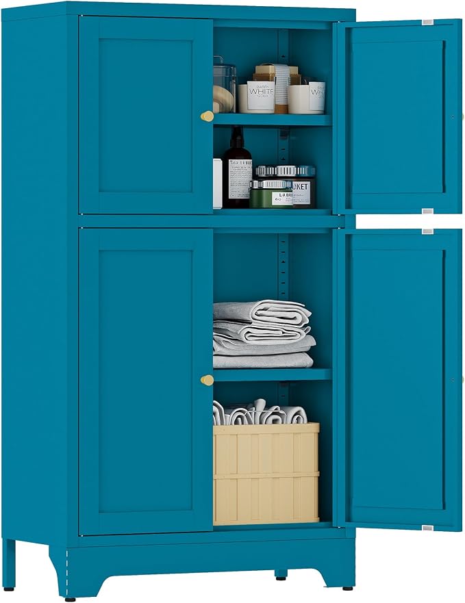 YAUWOH Blue Bathroom Floor Cabinet, Metal Storage Cabinet with 2 Adjustable Shelves & 4 Doors,Freestanding Sideboard for Dining Room,Living Room, Home Office