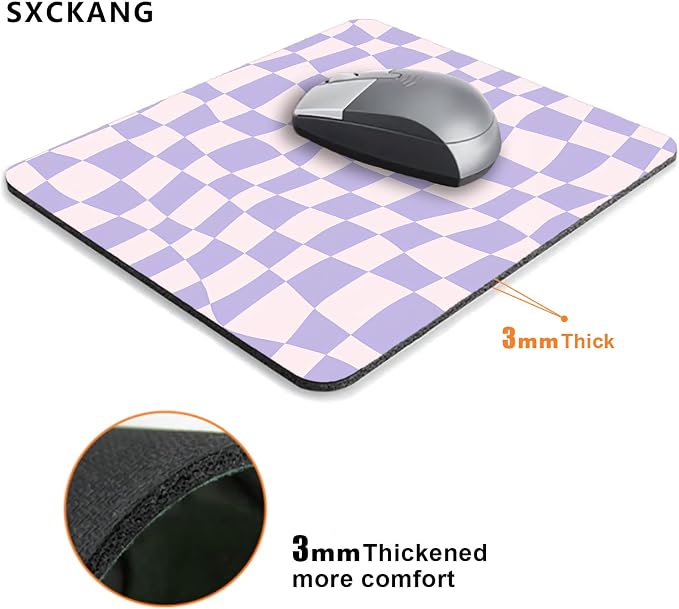 Cute Mouse Pad, Pastel Purple Checkered Mouse Pad, Pink Boho Aesthetic Pattern Mousepad for Home Office, Anti-Slip Rubber Mice pad for Computer & Laptop, 9.5x7.9 inch