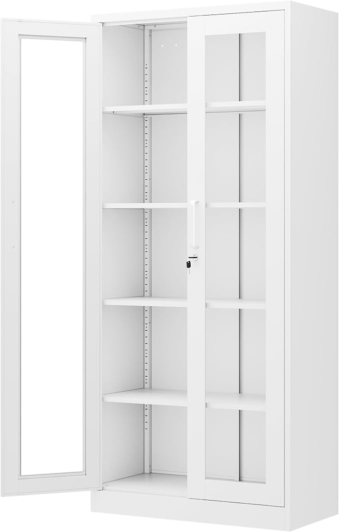 PEUKC Display Cabinet with Glass Doors, 71 Inches Metal Display Case with 4 Adjustable Shelves, Curio Storage Cabinet with Lock for Home, Office, Book, Pantry, Assemble Required (White)