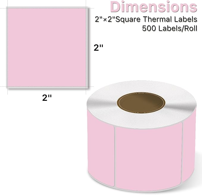 Square Thermal Label Stickers, 2"x2" (50.8mm x 50.8mm) Compatible with Multiple Thermal Printers Self-Adhesive Square Direct Strong Adhesive Thermal Labels, Pink, 500 Sheets/Roll