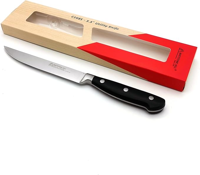 Kitchen Utility Knife - MATTSTONE HILL 5.5 Inch Utility Knife, Prep Knife, German Steel, Triple Rivet Handle, Black