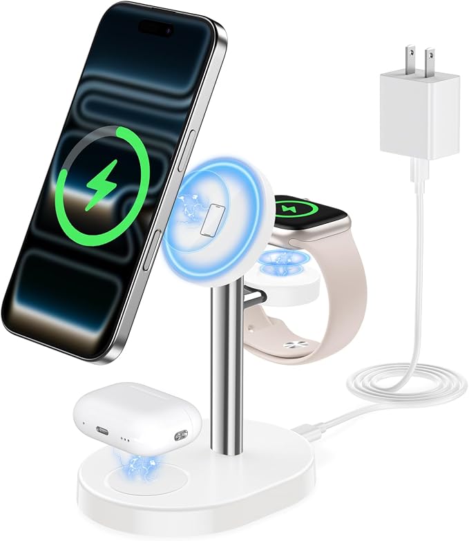 2026 3 in 1 Wireless Charging Station for Apple MagSafe Charger, 15W Fast Magnetic Mag-Safe Charger Stand for iPhone 17 16 15 14 13 12 Apple Watch AirPods Series, SilverWhite