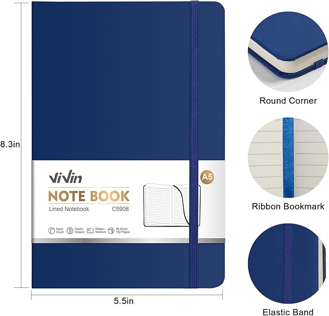 ViVin Lined Journal Notebooks for Work, 192 Pages, Medium 5.5 x 8.3 inch, College Ruled, A5 Hardcover Journaling Notebooks for Writing, 8 Pack Bulk,Navy Blue