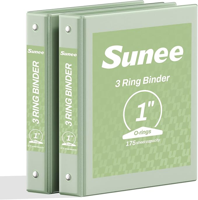 SUNEE 3 Ring Binder 1 Inch 2 Pack, Clear View PVC-Free (Fit 8.5x11 Inches) for School or Office, Sage Green