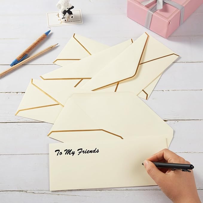 50 Pack #10 Business Envelopes with Gold Border, Self Seal Standard Envelopes with Gold Stickers for Office, Checks, Letter Mailing, Invoices, 4 1/8 x 9 1/2 Inches (Cream Color)